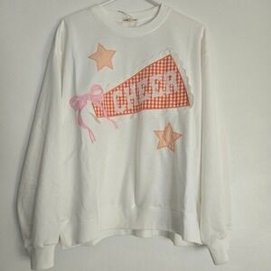 Mainstrip White Orange Cheer Pennant Gingham Lace Bow Sweatshirt Large NWT
